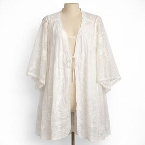 Boho Lace Cardigan Floral Longline Robe Duster Ivory White Sheer 3X Romantic Y2K